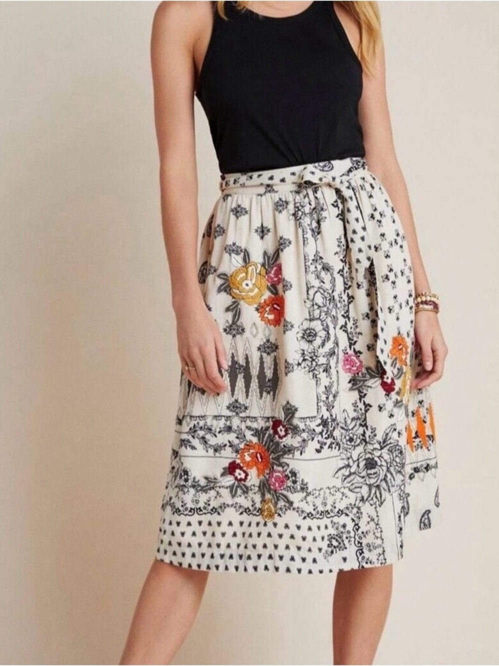 Anthropologie Vinteen Bahl Cream Embroidered Midi Skirt with Floral Print